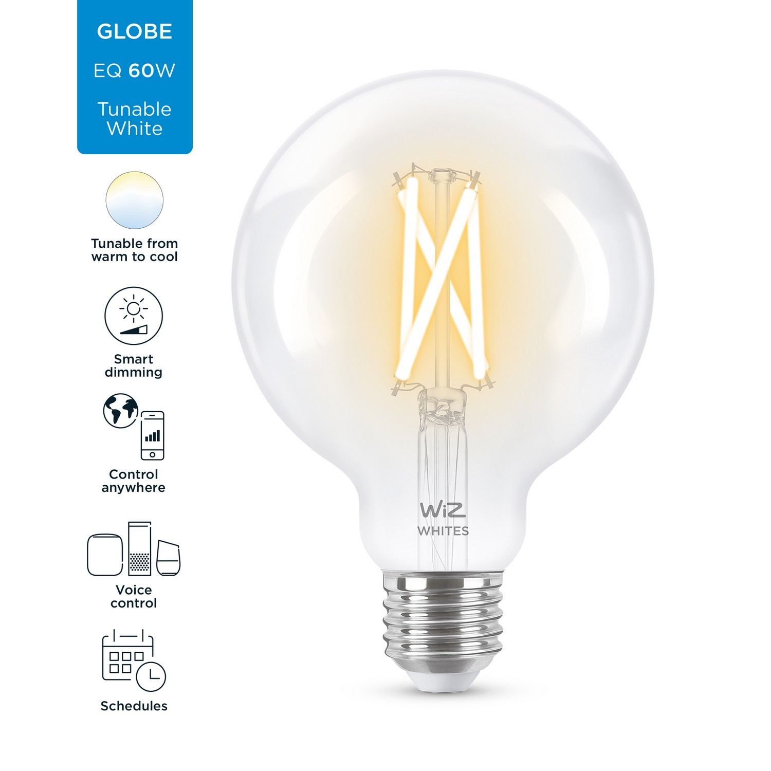 Bombilla inteligente - Wiz Whites WF-BT 60 G95, 60W, WiFi, Luz regulable, Sin HUB, LED, Control de voz, App