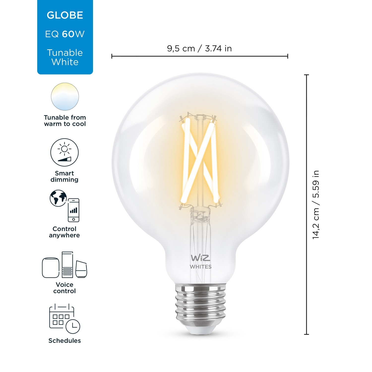 Bombilla inteligente - Wiz Whites WF-BT 60 G95, 60W, WiFi, Luz regulable, Sin HUB, LED, Control de voz, App