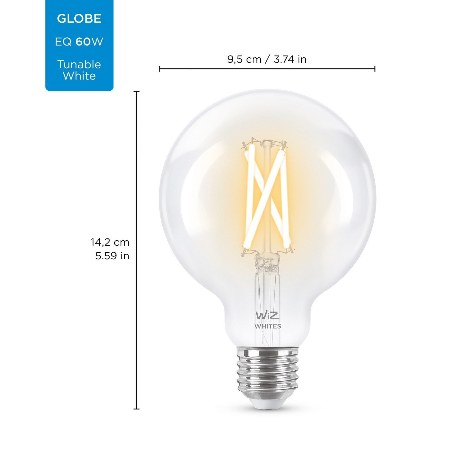 Bombilla inteligente - Wiz Whites WF-BT 60 G95, 60W, WiFi, Luz regulable, Sin HUB, LED, Control de voz, App