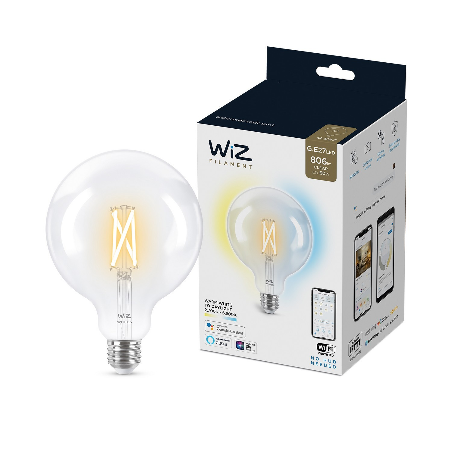 Bombilla inteligente - Whites WF-BT 60 G120, 60W, WiFi, Luz regulable, Sin HUB, LED, Control de voz, App