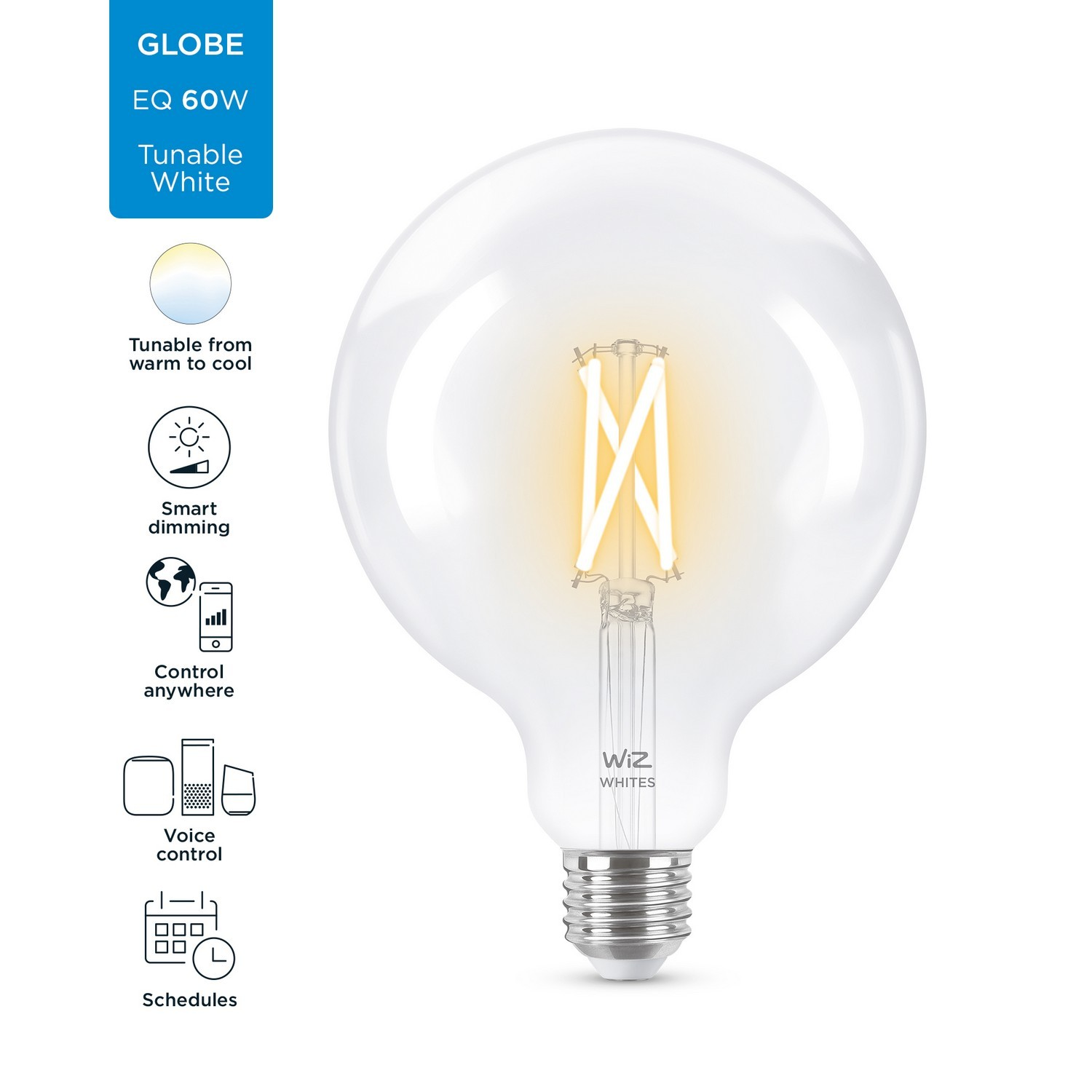 Bombilla inteligente - Whites WF-BT 60 G120, 60W, WiFi, Luz regulable, Sin HUB, LED, Control de voz, App