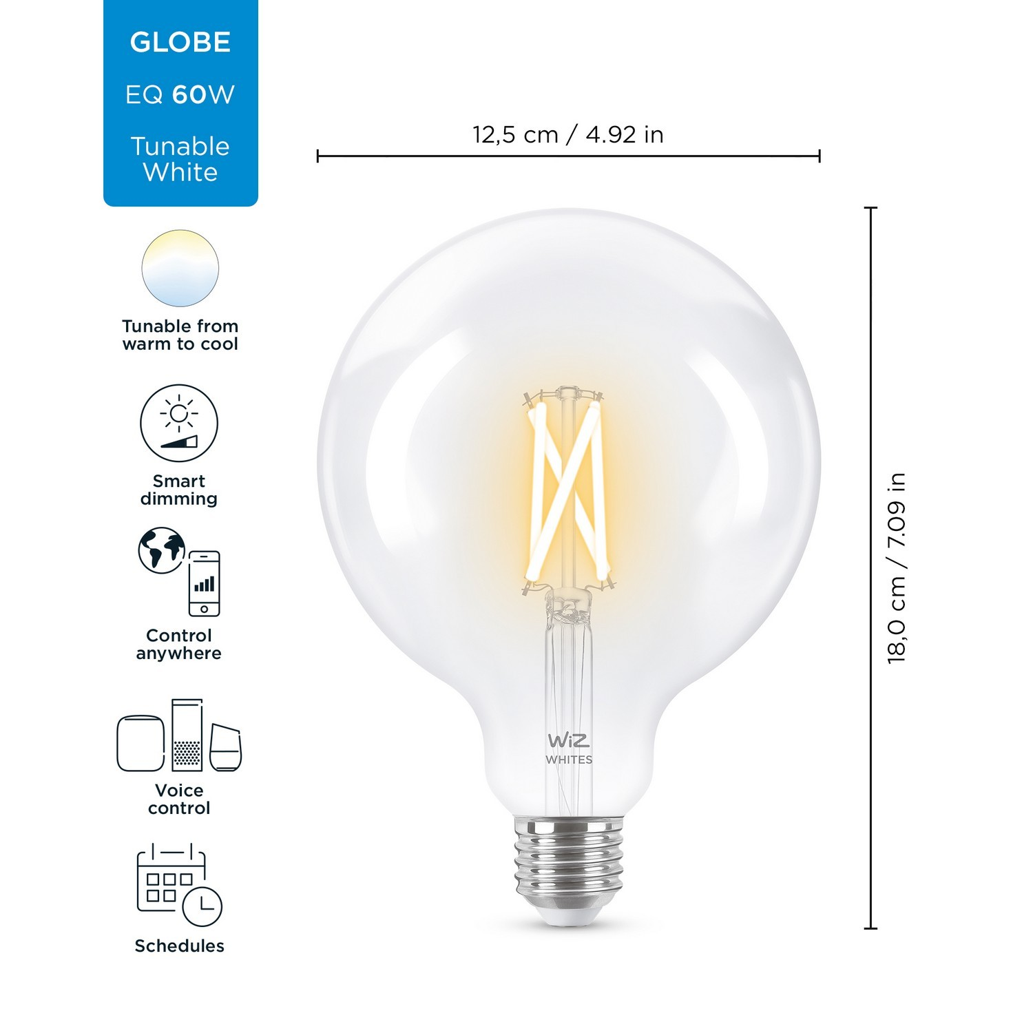 Bombilla inteligente - Whites WF-BT 60 G120, 60W, WiFi, Luz regulable, Sin HUB, LED, Control de voz, App