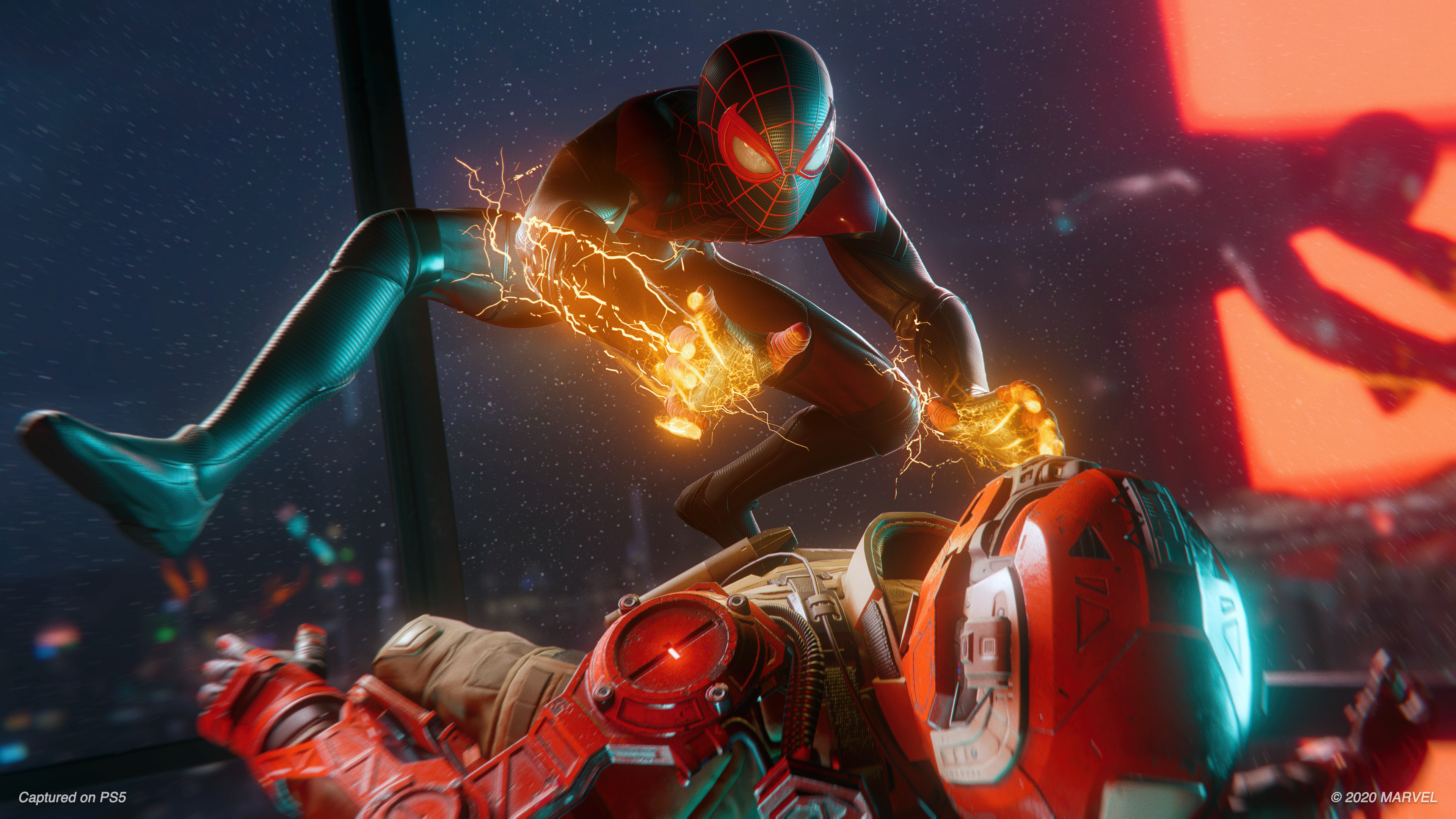 Spider-Man in a dynamic pose, with electric energy effects in a city setting.