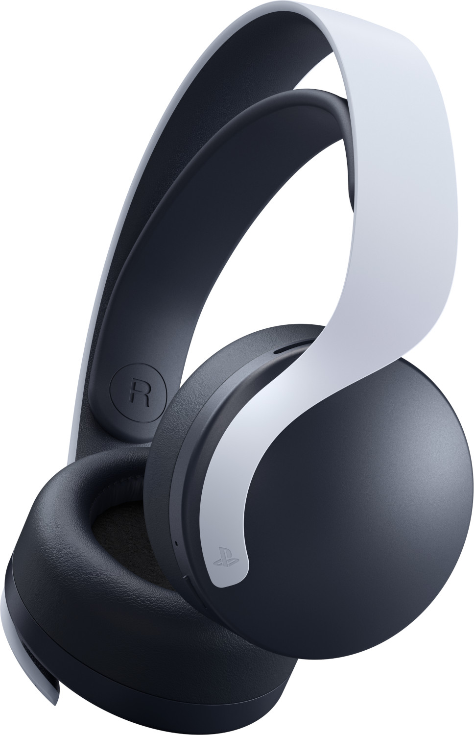 Een close-up van een zwart-witte Playstation 5-headset met het Playstation-logo.