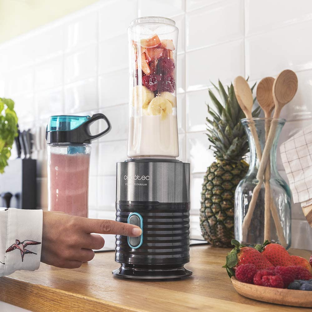 Batidora de vaso - Cecotec Power Titanium 650 Fresh&Go, 650 W, 2 vasos, 600 ml, 4 Cuchillas, Molinillo, Inox