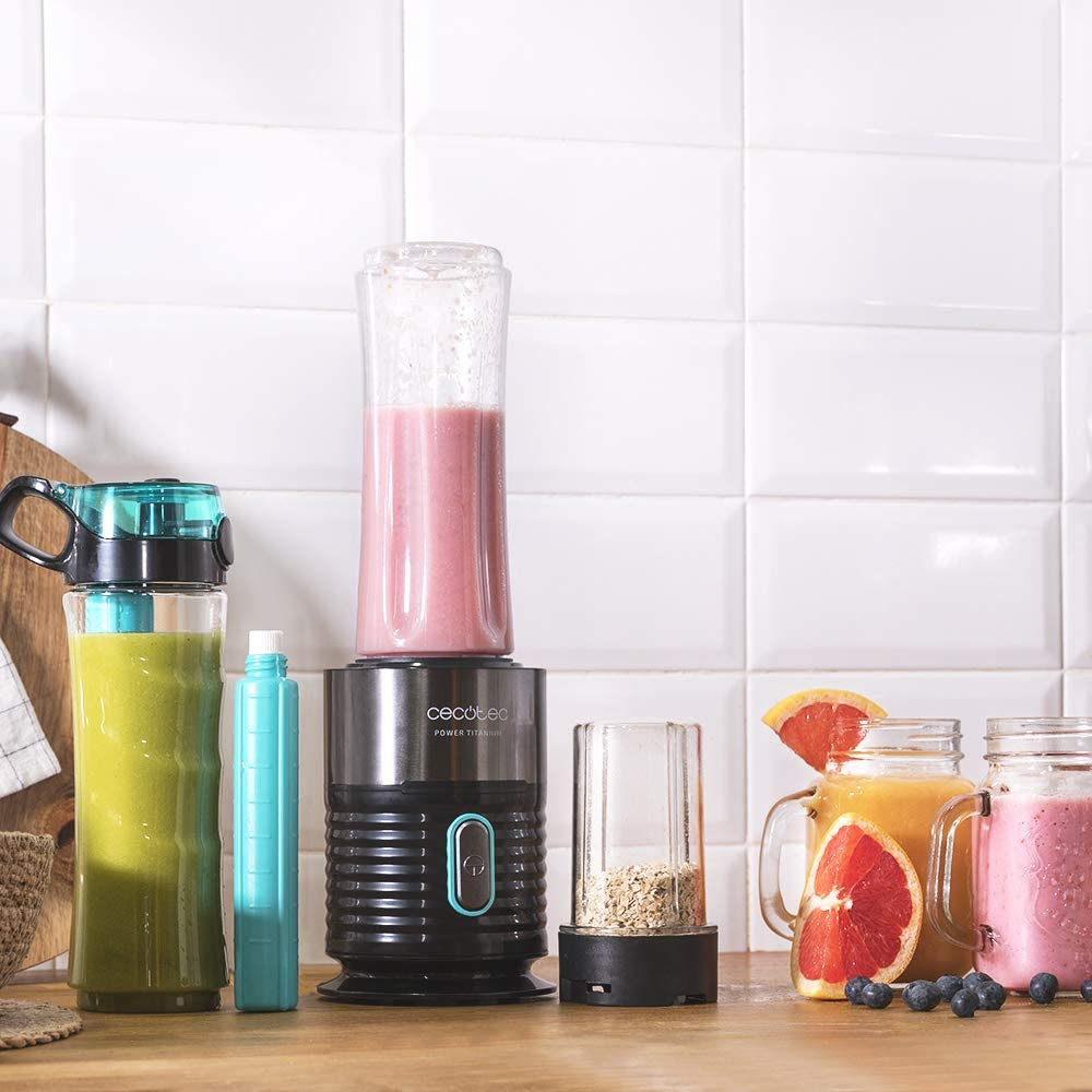 Batidora de vaso - Cecotec Power Titanium 650 Fresh&Go, 650 W, 2 vasos, 600 ml, 4 Cuchillas, Molinillo, Inox