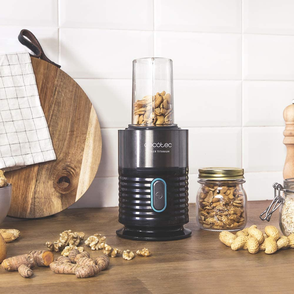 Batidora de vaso - Cecotec Power Titanium 650 Fresh&Go, 650 W, 2 vasos, 600 ml, 4 Cuchillas, Molinillo, Inox