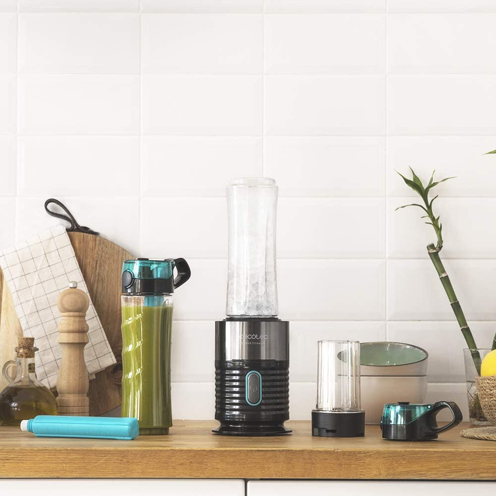 Batidora de vaso - Cecotec Power Titanium 650 Fresh&Go, 650 W, 2 vasos, 600 ml, 4 Cuchillas, Molinillo, Inox