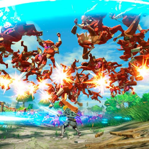Una escena de videojuego con un grupo de monstruos rojos atacando a un personaje con escudo y espada.