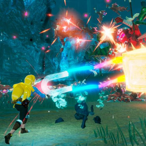 Un personaje rubio lucha contra enemigos en un entorno azul similar a una cueva, usando un arco de energía brillante.