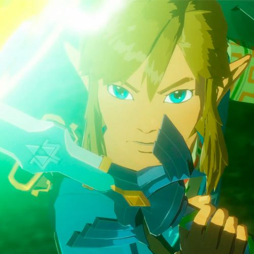 Link del juego Zelda con una espada brillante en un primer plano.