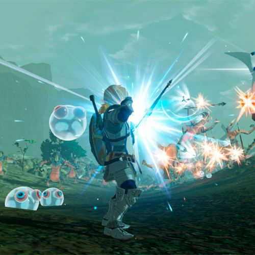Un guerrero en una escena de juego, luchando contra enemigos con efectos de energía y armas.