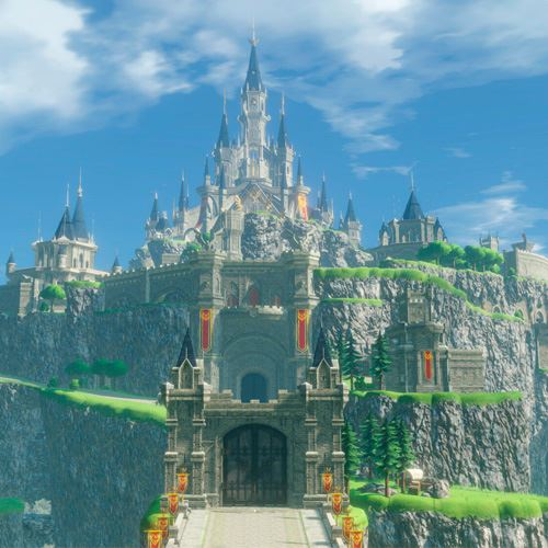 Ilustración detallada y colorida de un castillo en una montaña, con cielo azul y nubes en el fondo.