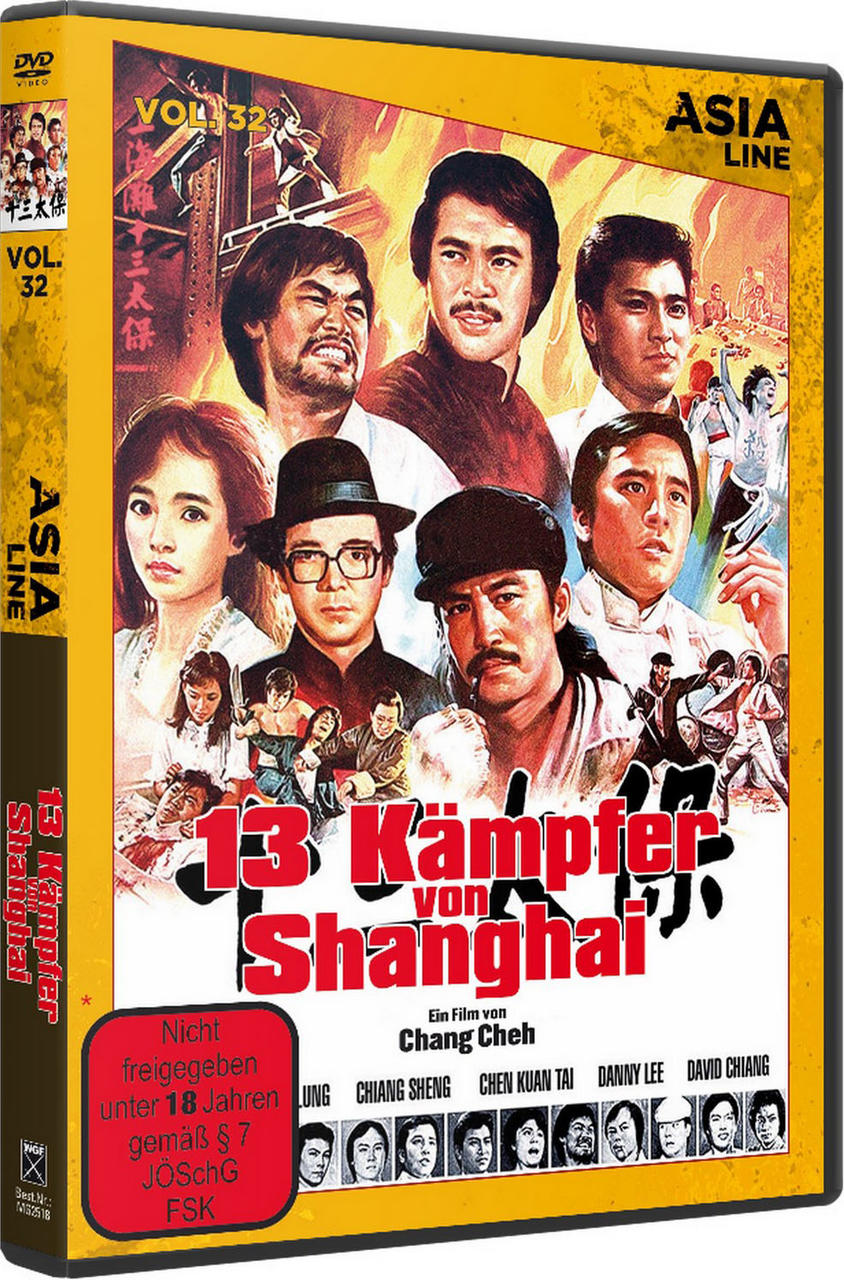 DVD-Cover für '13 Kämpfer von Shanghai', mit einer Gruppe von Schauspielern, Titel und Text auf Deutsch.