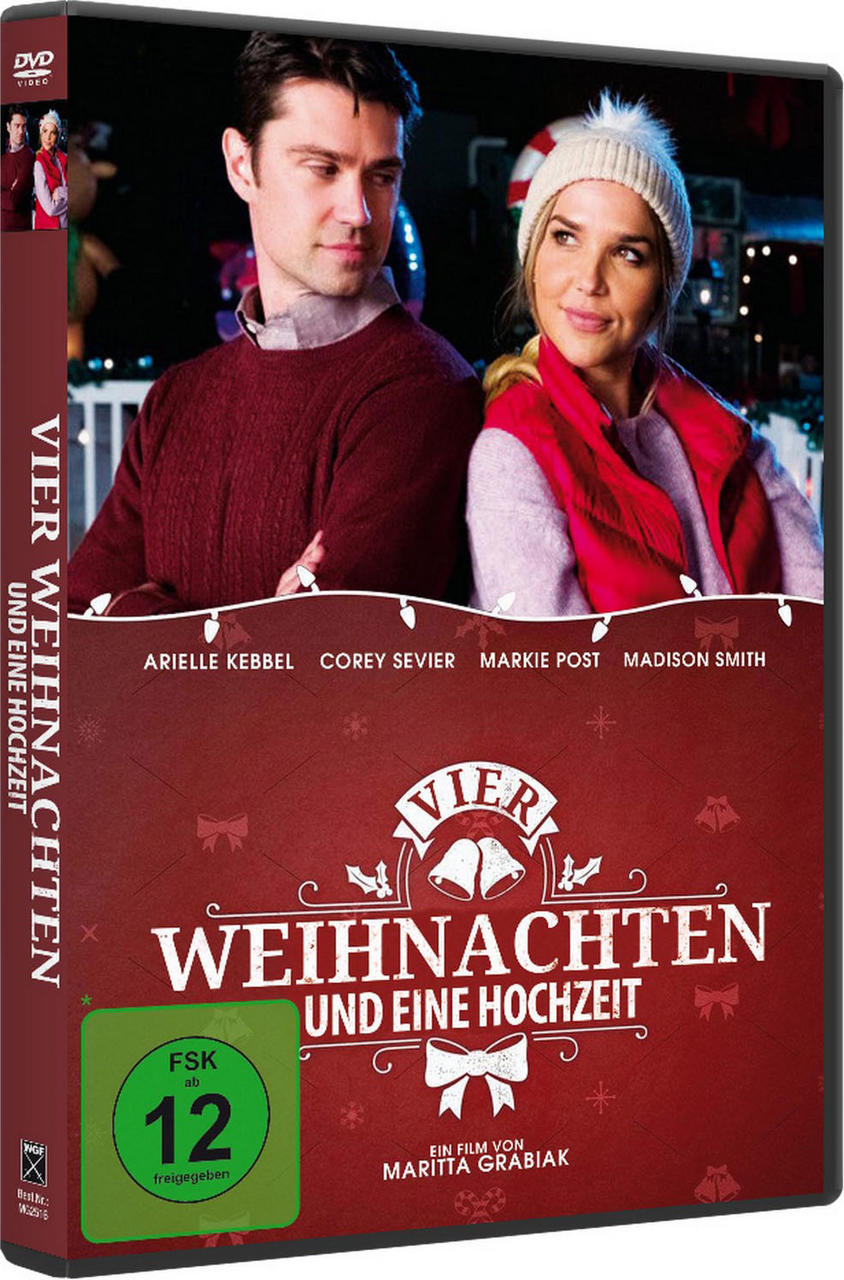 DVD-Hülle mit einem Paar und dem Titel 'Vier Weihnachten und eine Hochzeit' auf Deutsch.