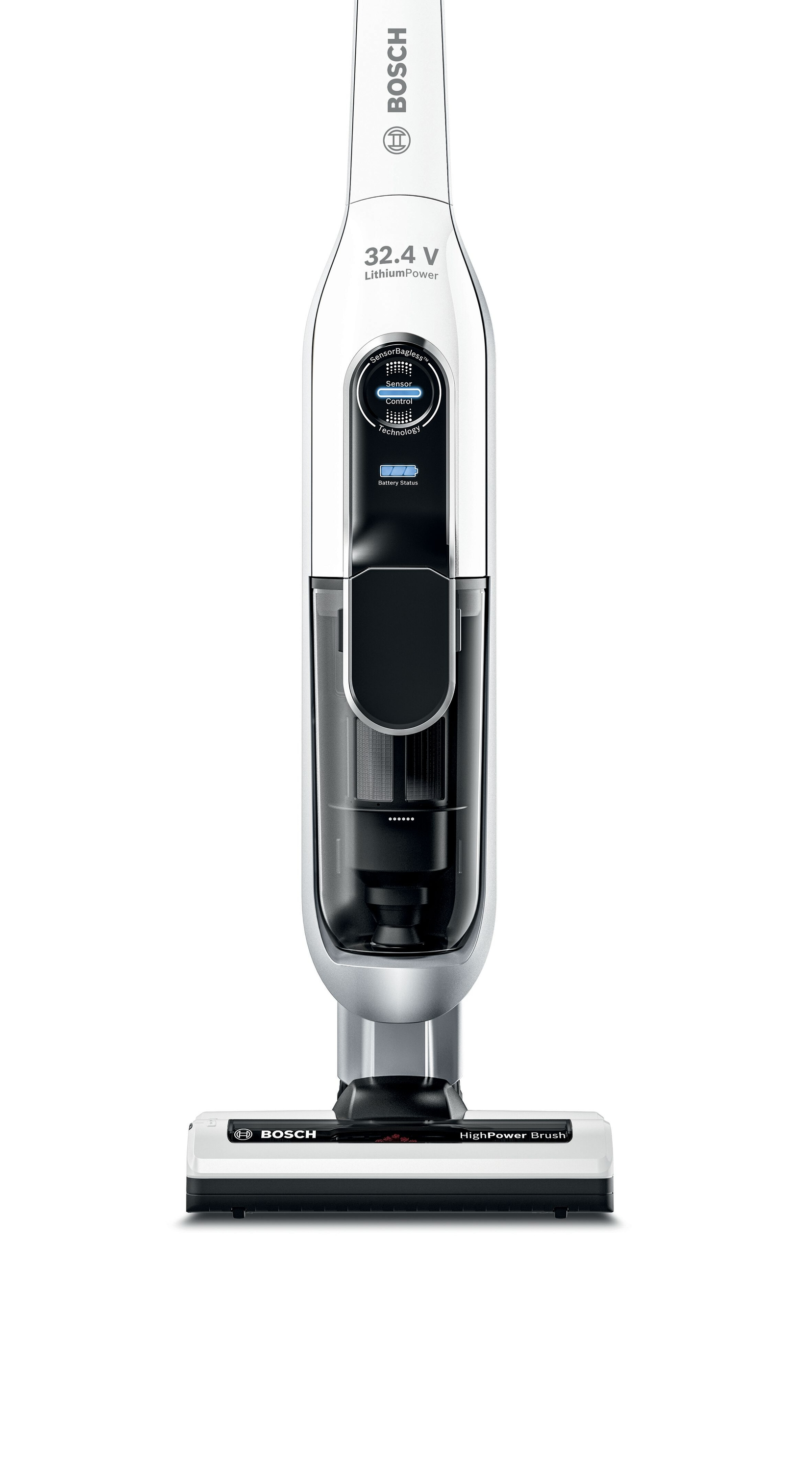 Weißer und silberner kabelloser Staubsauger, aufrecht, mit Leistungs- und Batterieanzeige.