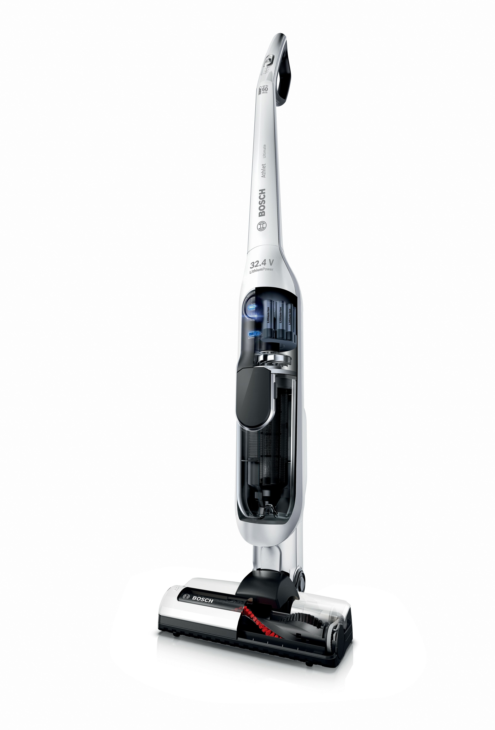Ein weißer Bosch-Staubsauger auf weißem Hintergrund.