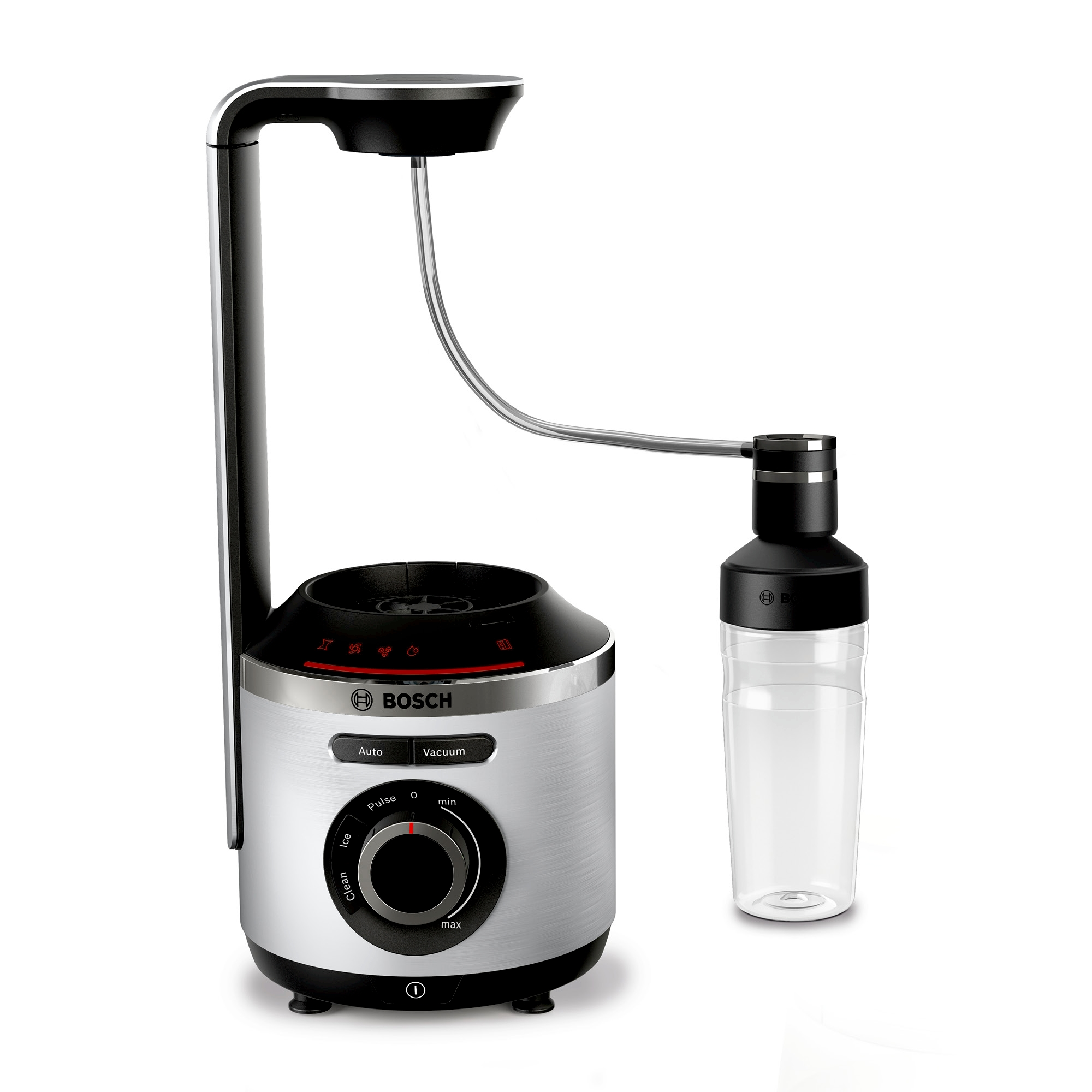 Bosch-Mixer mit schwarzem und silbernem Design. Er hat einen transparenten Kunststoffbehälter und ein Zifferblatt.