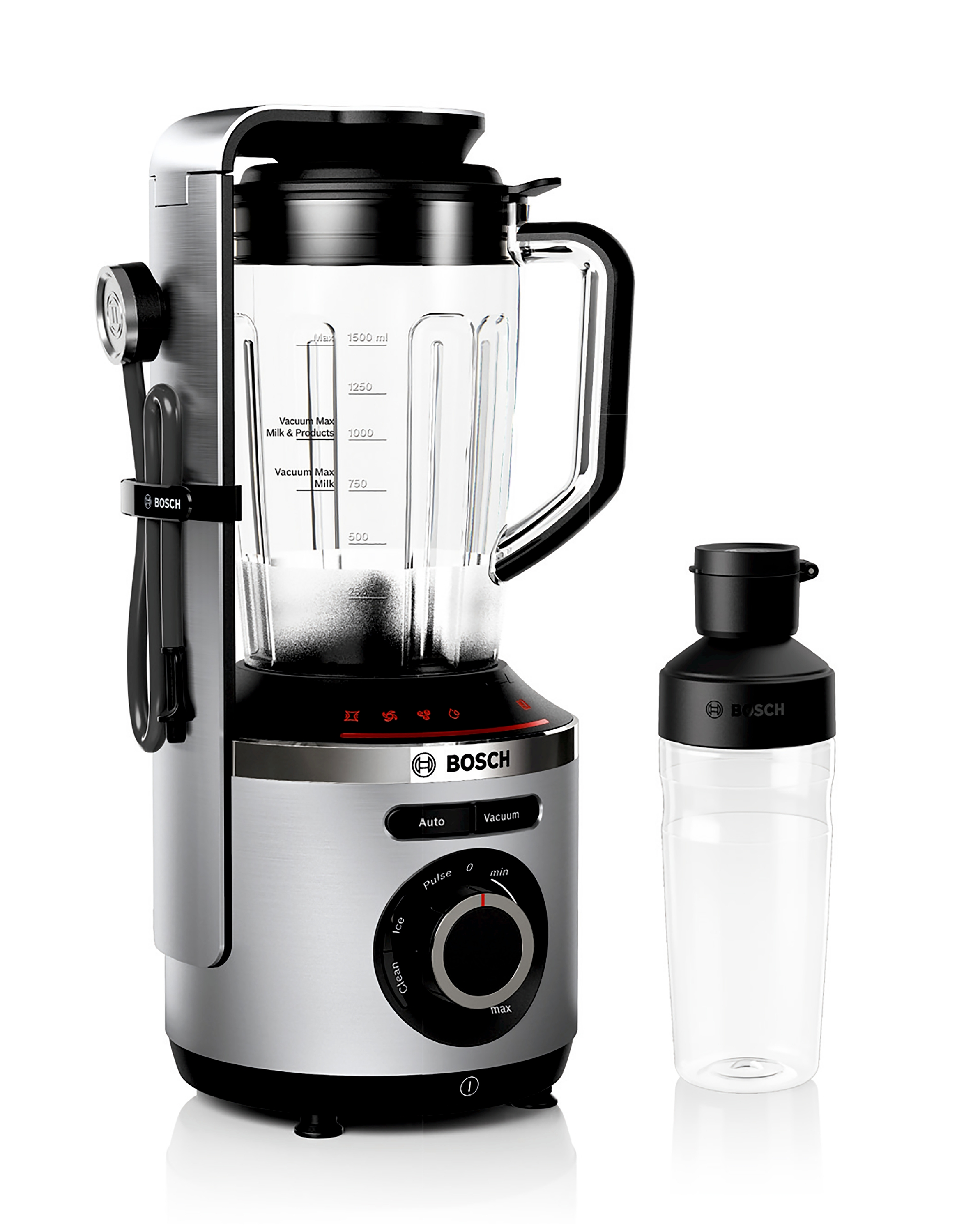 Ein silberner und schwarzer Bosch-Blender mit einem durchsichtigen Glas und einem separaten Shaker. Zu den Bedienelementen gehören Puls, Auto und Vakuum.