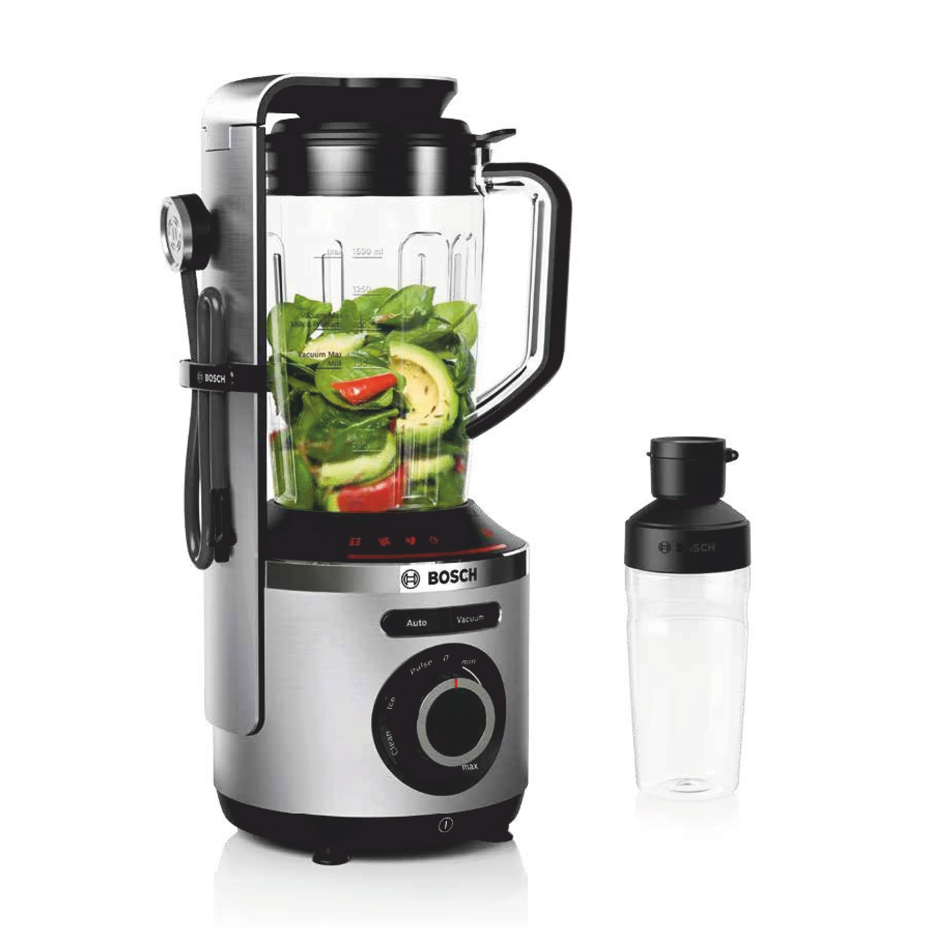 Ein Bosch-Mixer mit Zutaten und einem separaten Shaker. Der Mixer hat einen Edelstahlfuß und einen schwarzen Deckel.