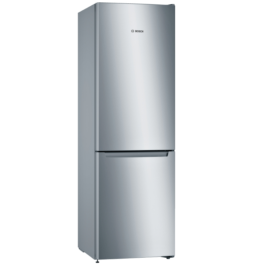 Silberner Bosch-Kühlschrank mit zwei Türen.