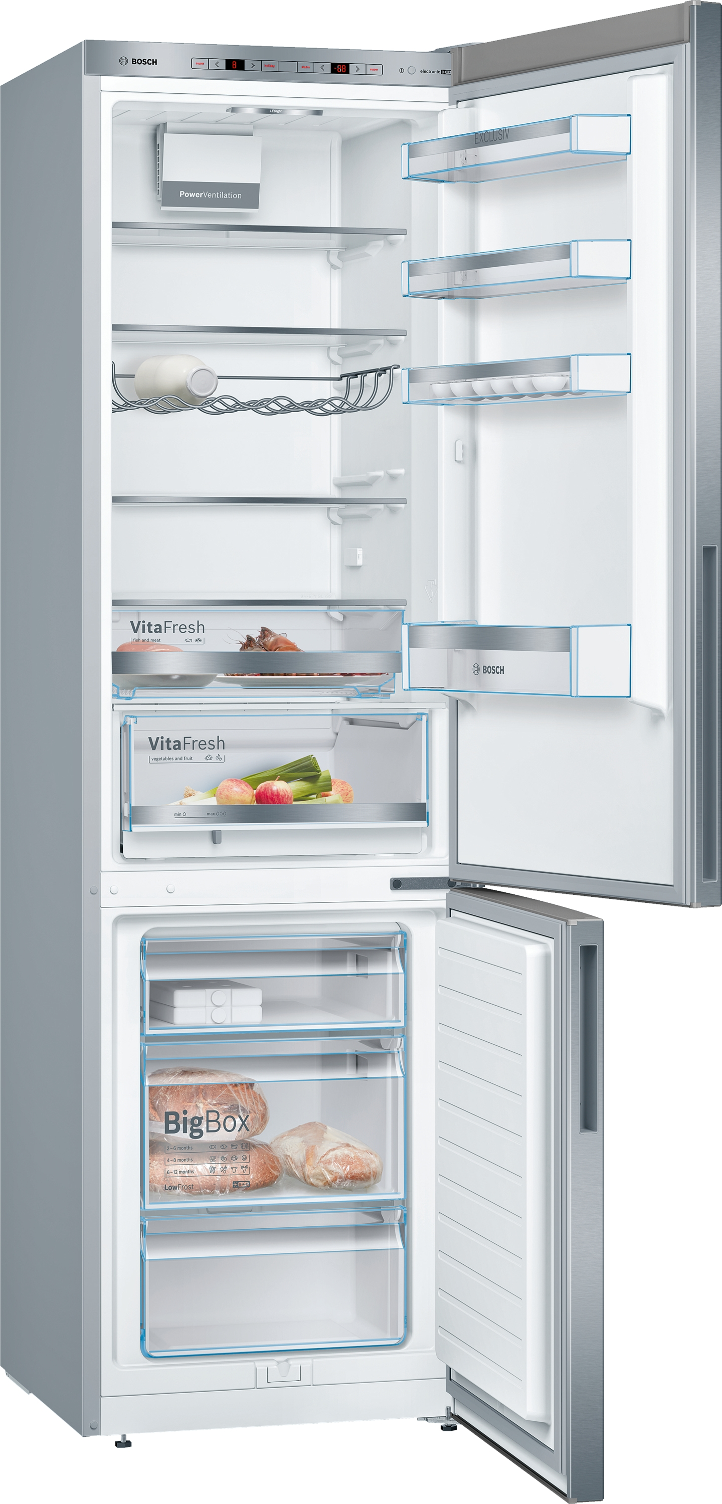 Offener Bosch Kühlschrank, Essen darin, offene Türen.