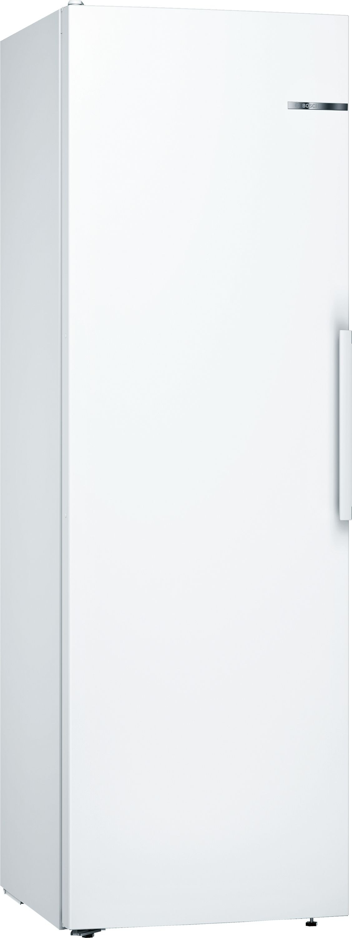 Ein hoher, weißer Bosch-Kühlschrank, der aufrecht steht. Der Türgriff ist sichtbar.