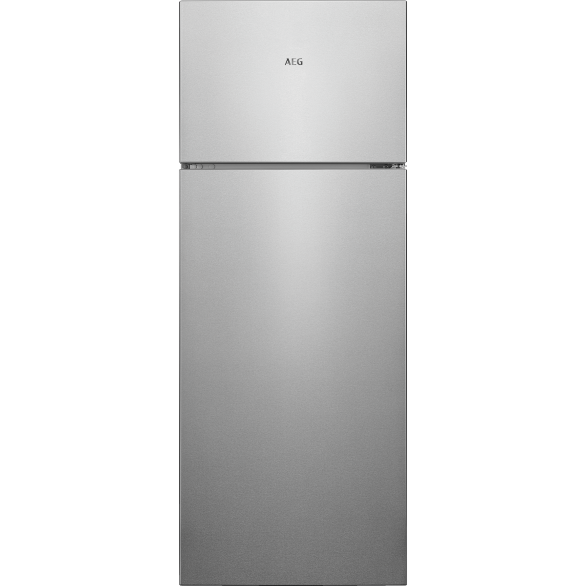 Silberner AEG-Kühlschrank mit oberem und unterem Bereich.
