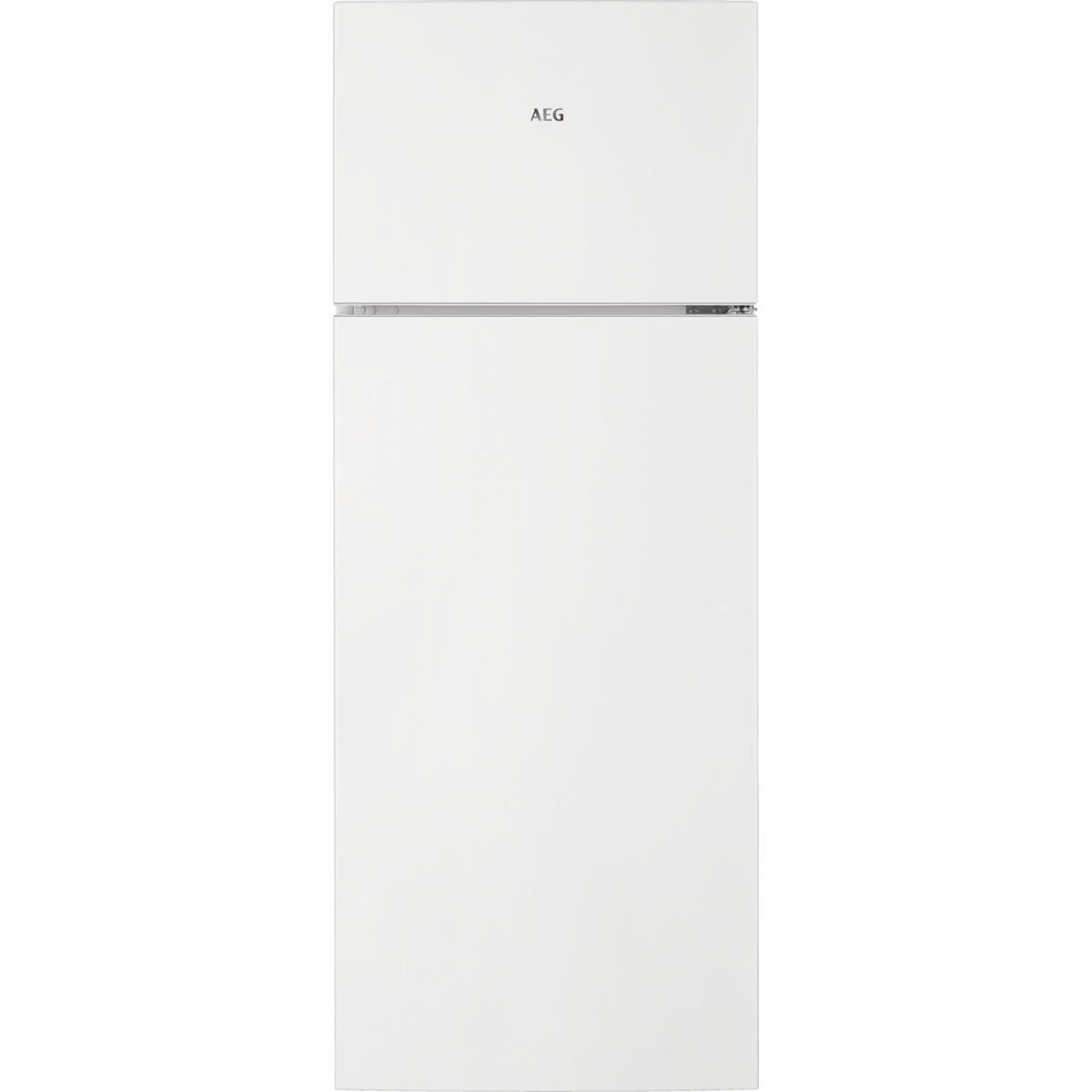 Weißer Kühlschrank mit zwei Türen und dem AEG-Logo auf schwarzem Hintergrund.