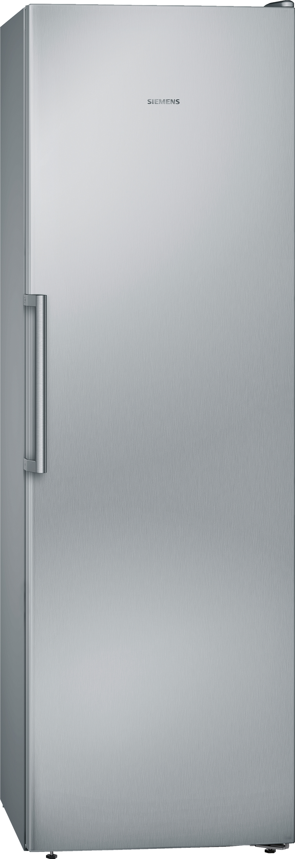 Ein hoher, silberner Siemens-Gefrierschrank. Griff links. Geschlossene Tür.