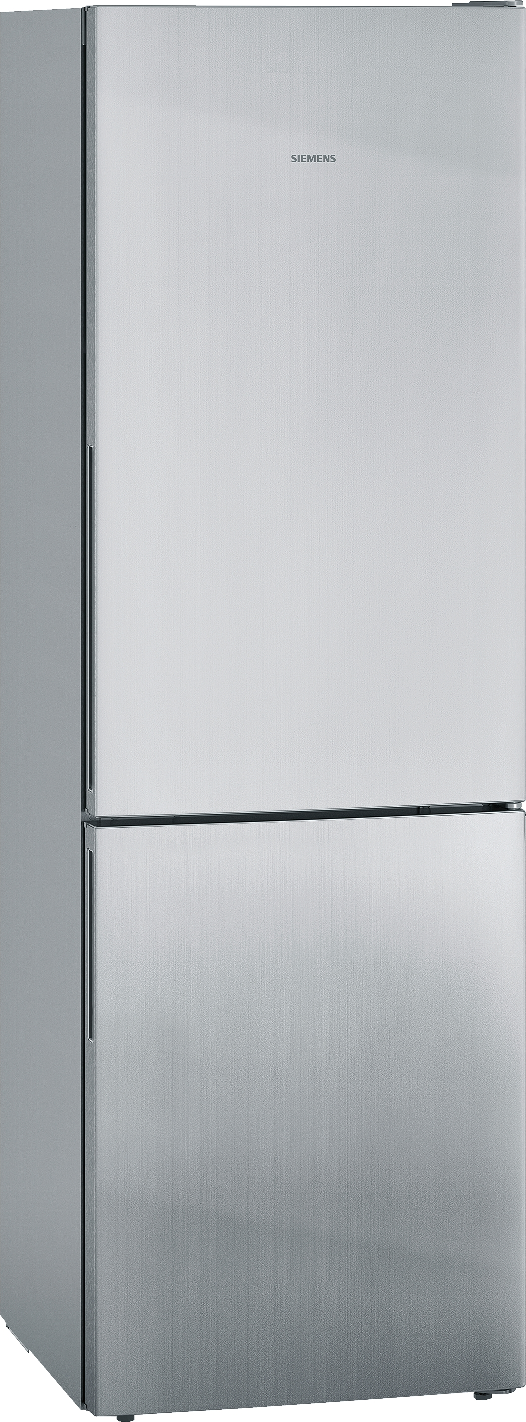 Ein silberner Siemens-Kühlschrank mit zwei Türen, vor weißem Hintergrund.