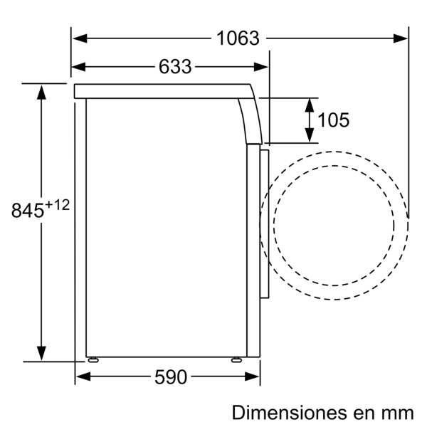 Dibujo técnico de una lavadora, mostrando dimensiones en mm, sobre fondo blanco.