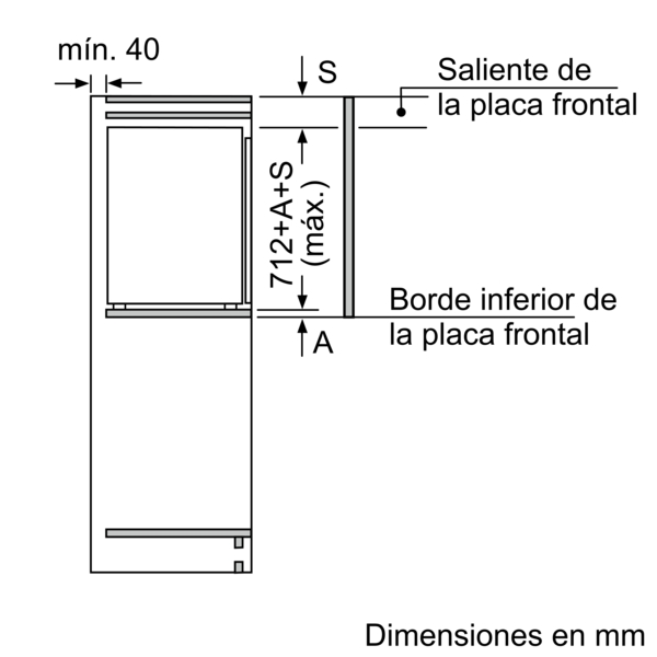 Diagrama con dimensiones y etiquetas en español para la instalación de un frigorífico.