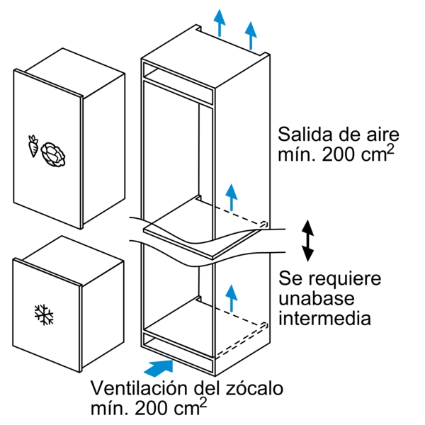 Diagrama isométrico que muestra el flujo de aire y los requisitos de ventilación para la instalación de un frigorífico.