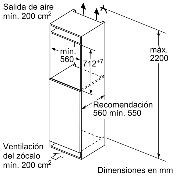 Dibujo técnico de un electrodoméstico empotrado con medidas.