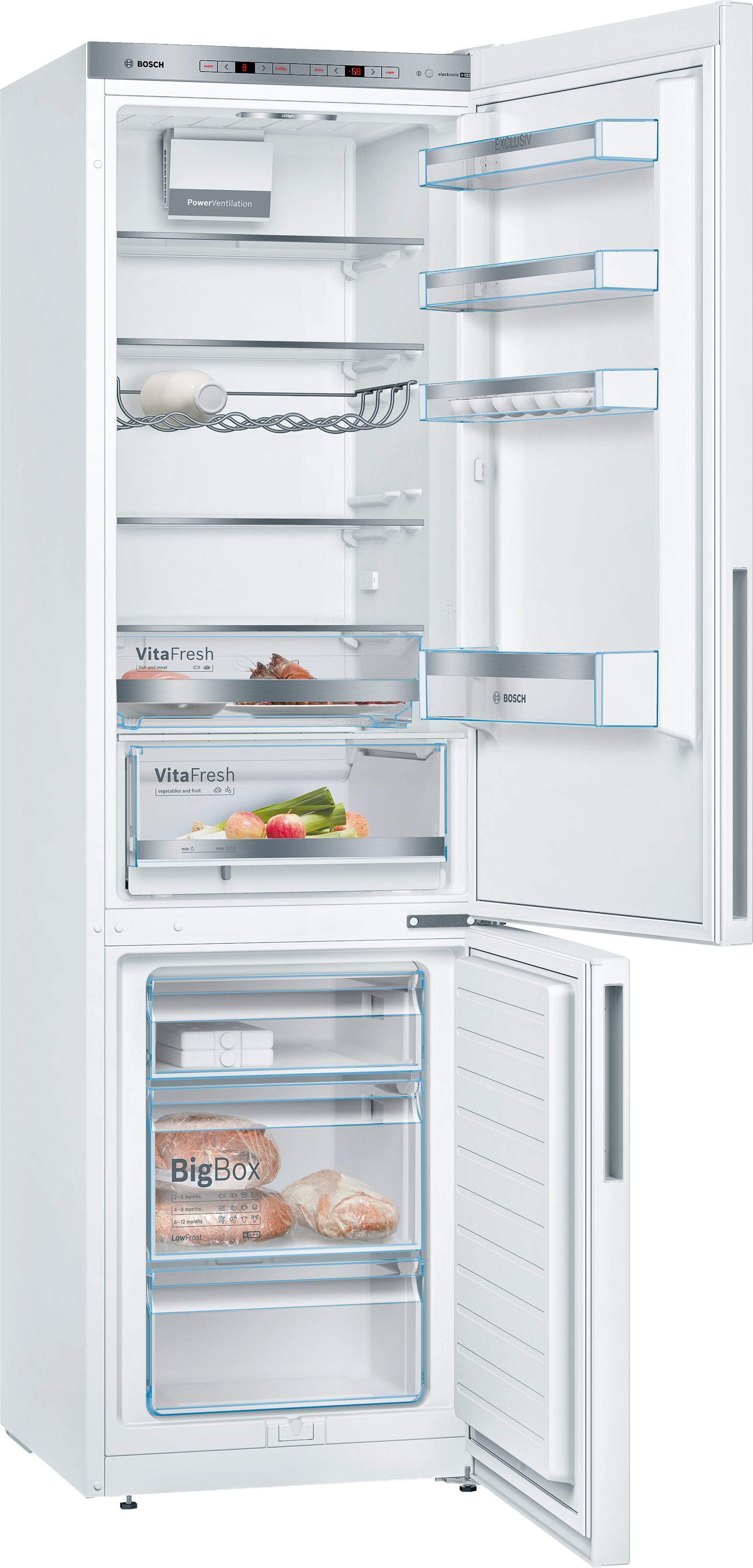 White refrigerator with open doors, showing shelves and drawers.  Vegetables and food items are visible inside.