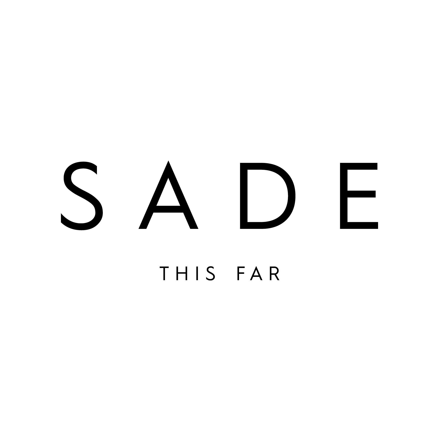 Albumcover: Einfacher Text SADE, THIS FAR, weißer Hintergrund.