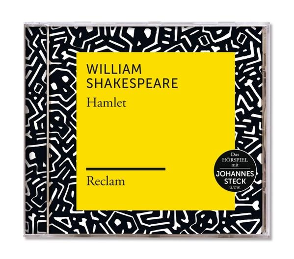 CD-Cover für Hamlet. Gelber Hintergrund mit William Shakespeare und Hamlet-Text. Schwarz-weißer Rand.