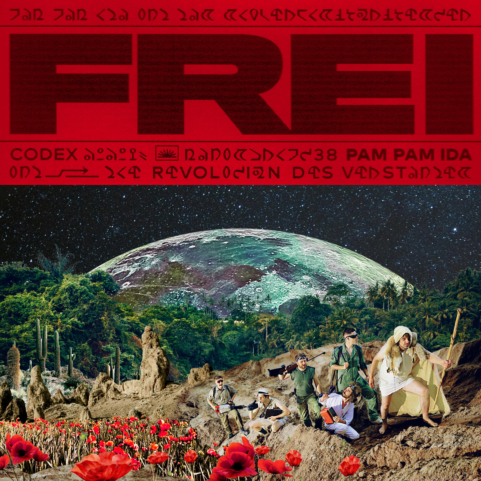 Albumcover mit futuristischer Szene, rotem Titel 'FREI' oben und einer Personengruppe.