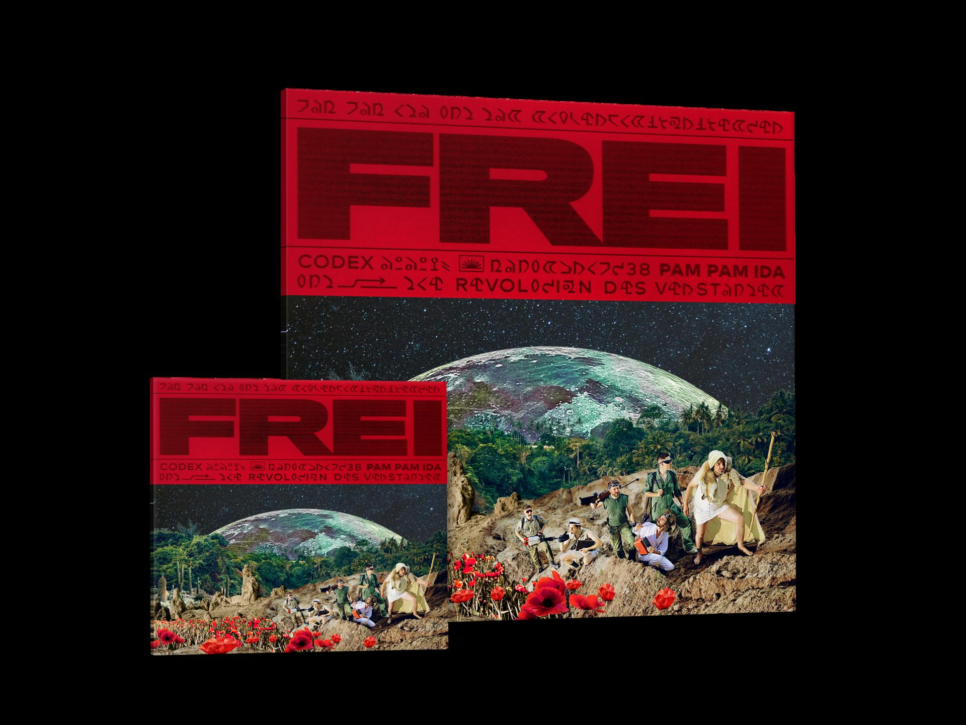 Albumcover-Art mit rotem Text, eine Landschaft mit Figuren und einem Planeten.