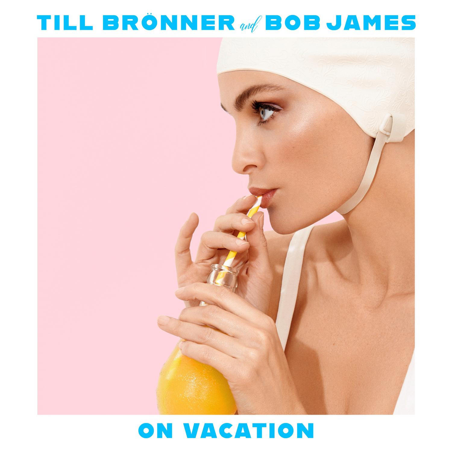 Albumcover mit einer Frau, die mit einem Strohhalm trinkt, hellrosa Hintergrund, Text: 'Till Brönner and Bob James'.