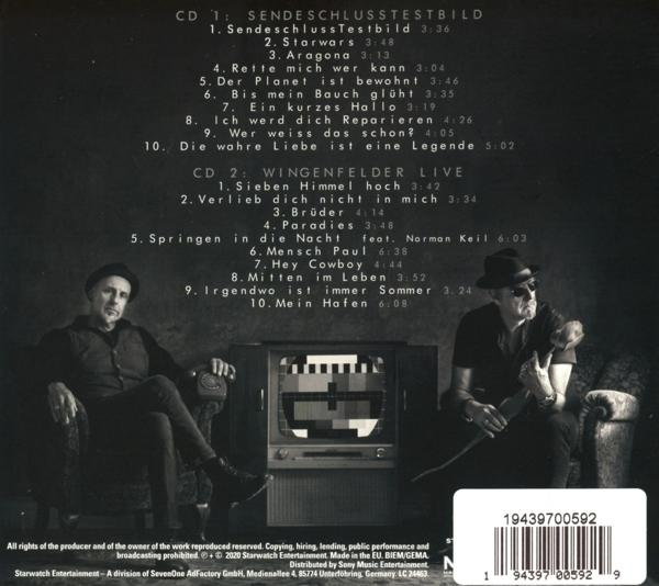 Rückseite einer CD mit Text und einem Bild von zwei Männern, sowie Barcode und Etikett.