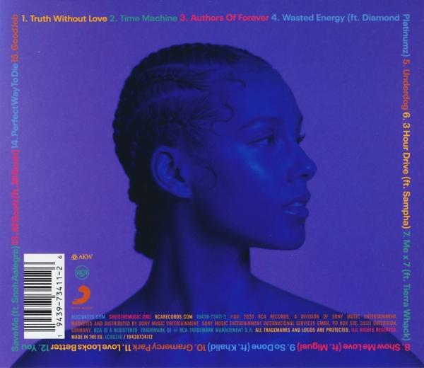 Ein Albumcover zeigt das Profil eines Frauengesichts mit einer Titelliste auf der linken Seite.