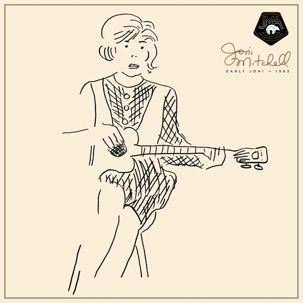 Dessin au trait de Joni Mitchell jouant de la guitare, avec une expression surprise.