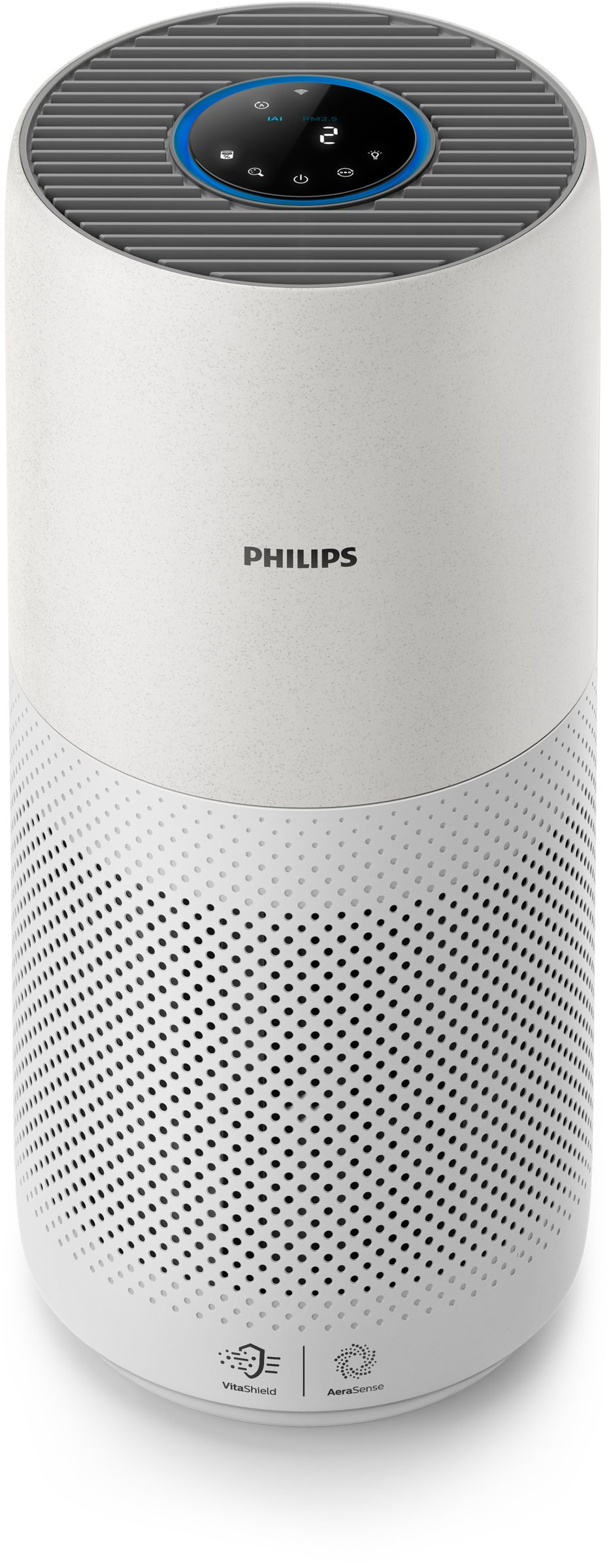 Weißer Philips Luftreiniger. Er hat eine runde Oberseite mit Bedienfeld und einen perforierten Boden.