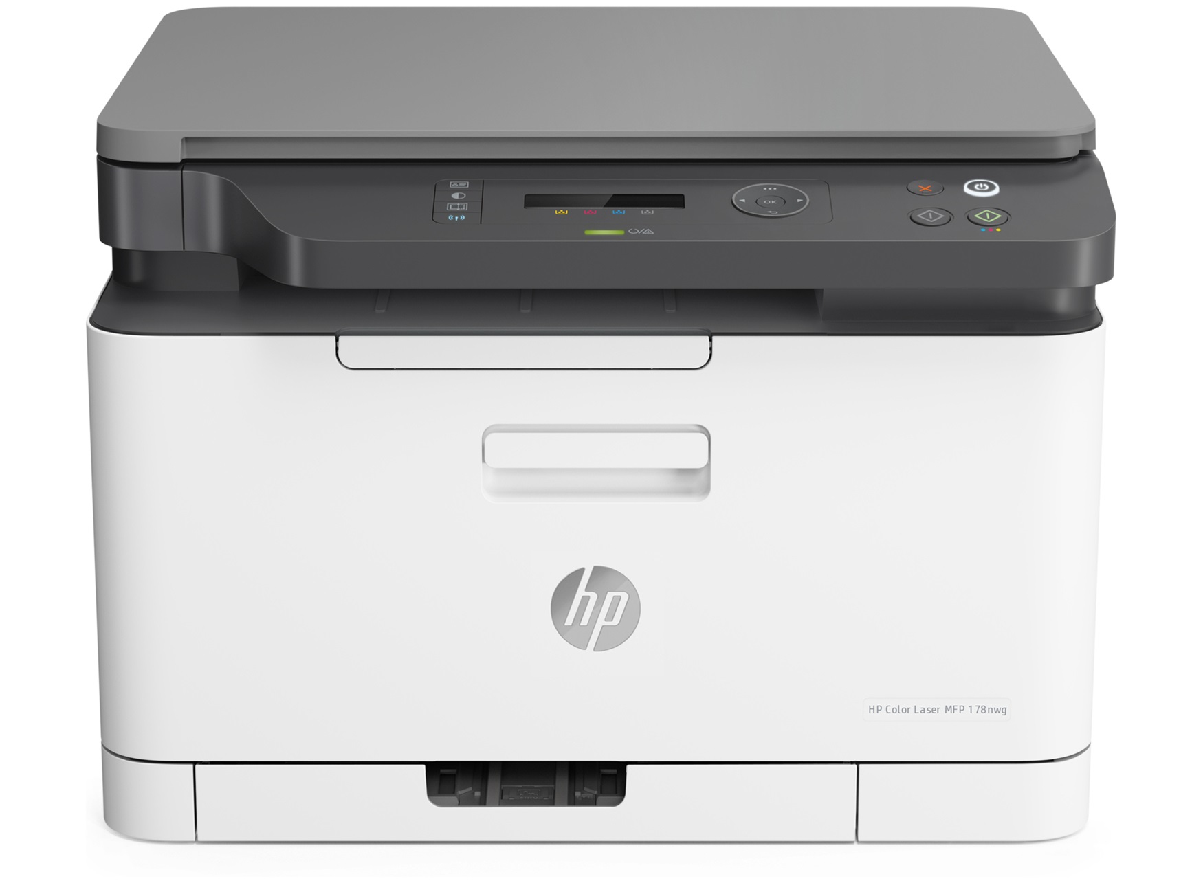 Weißer und grauer HP Color LaserJet Drucker, Vorderansicht. Bedienfeld sichtbar.