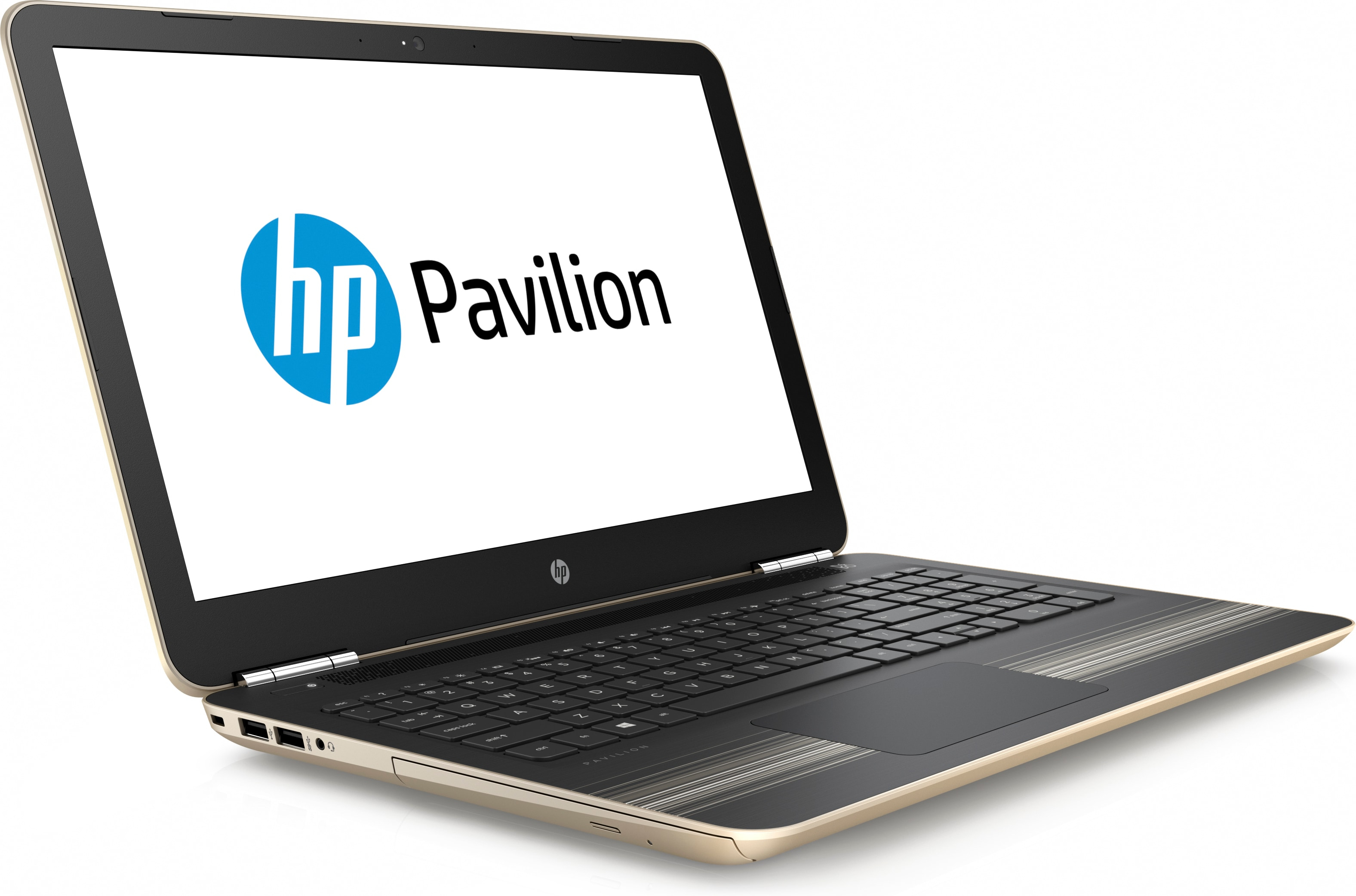 Goldenes Laptop mit HP Pavilion-Logo auf dem Bildschirm, geöffnet auf weißem Hintergrund.
