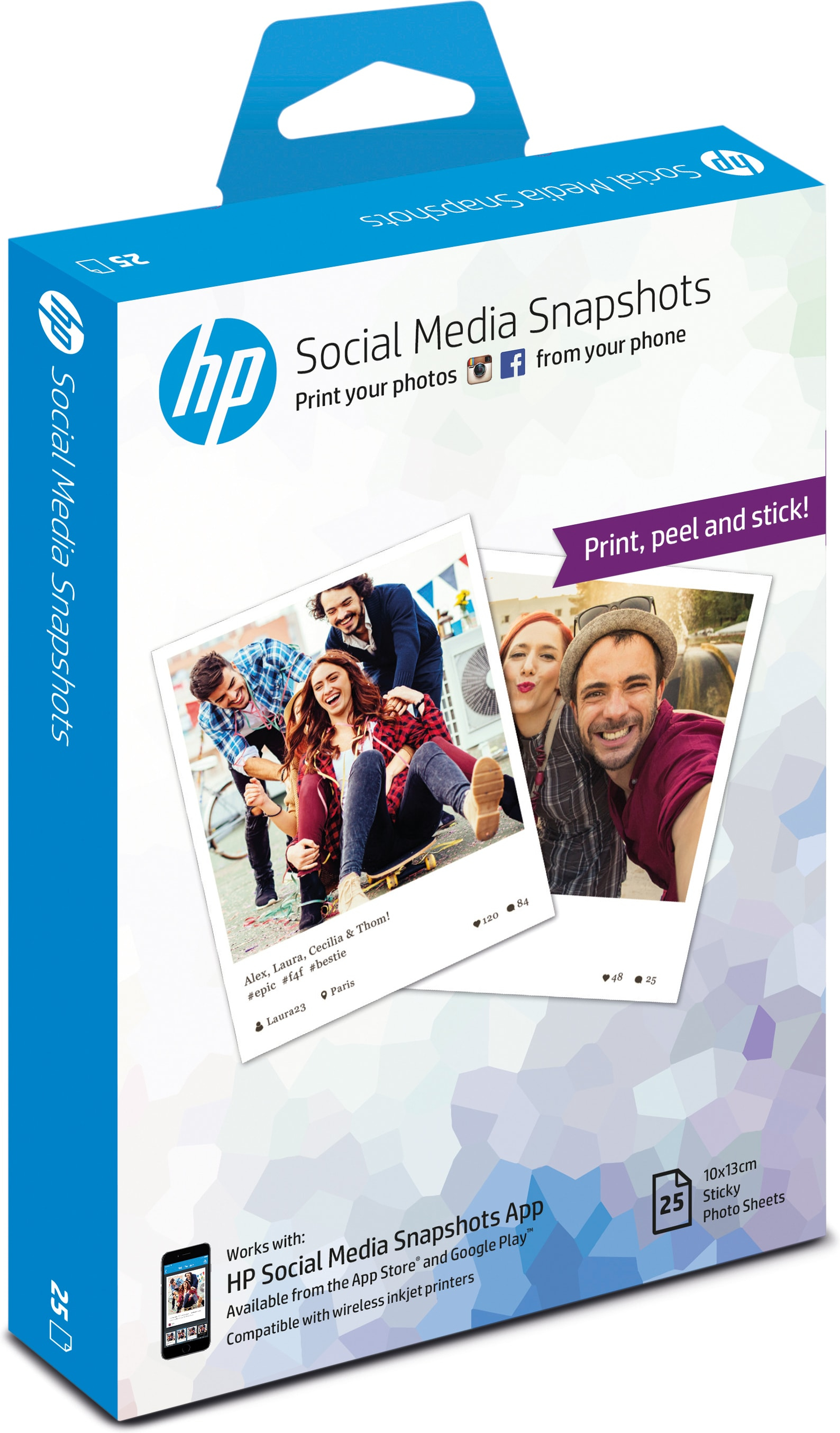 Schachtel mit HP Social Media Snapshots Fotopapier mit aufgedruckten Fotos.