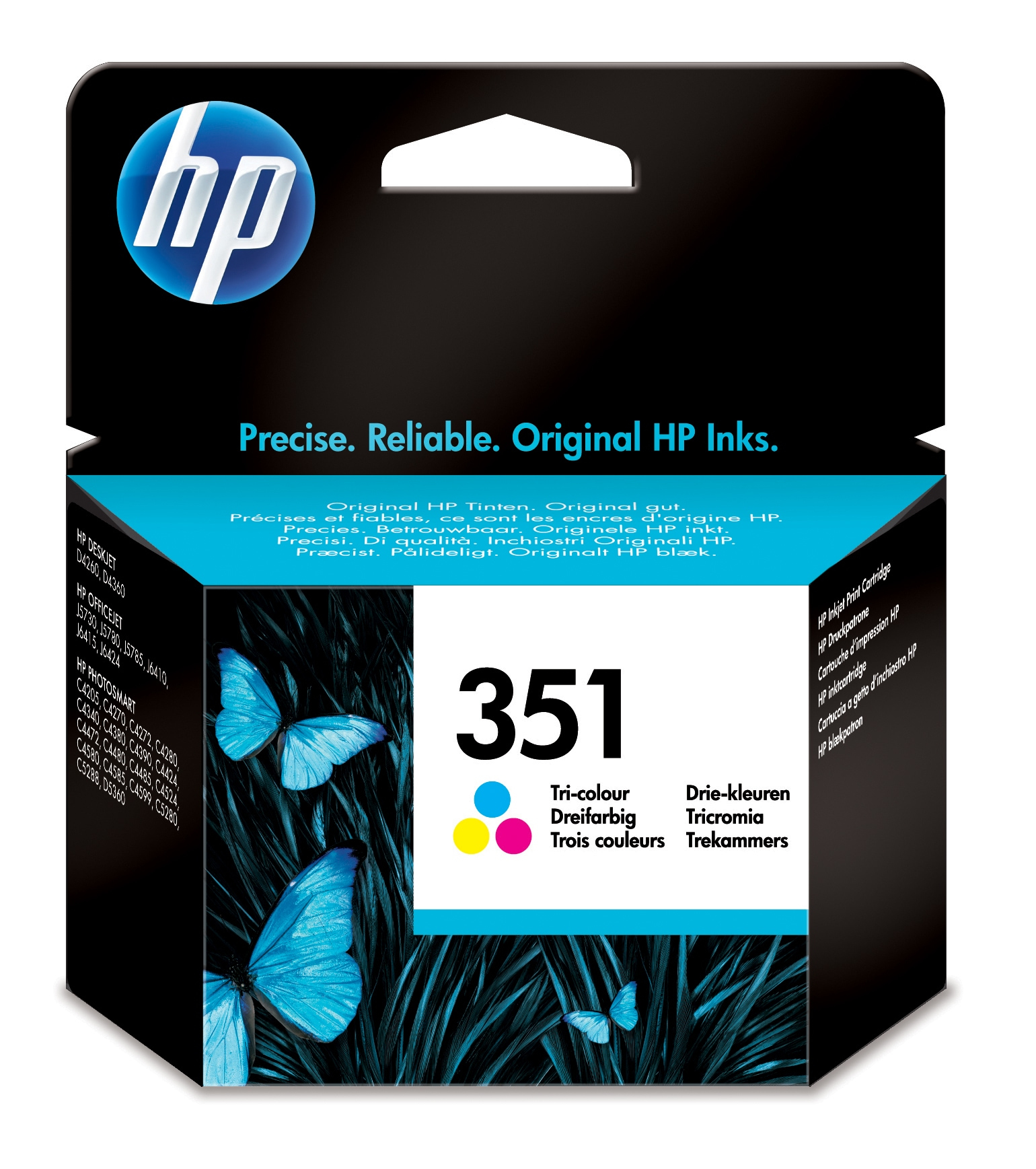 HP Tintenpatrone, schwarze Box mit blauen Schmetterlingen und Text: 351 Tri-colour.