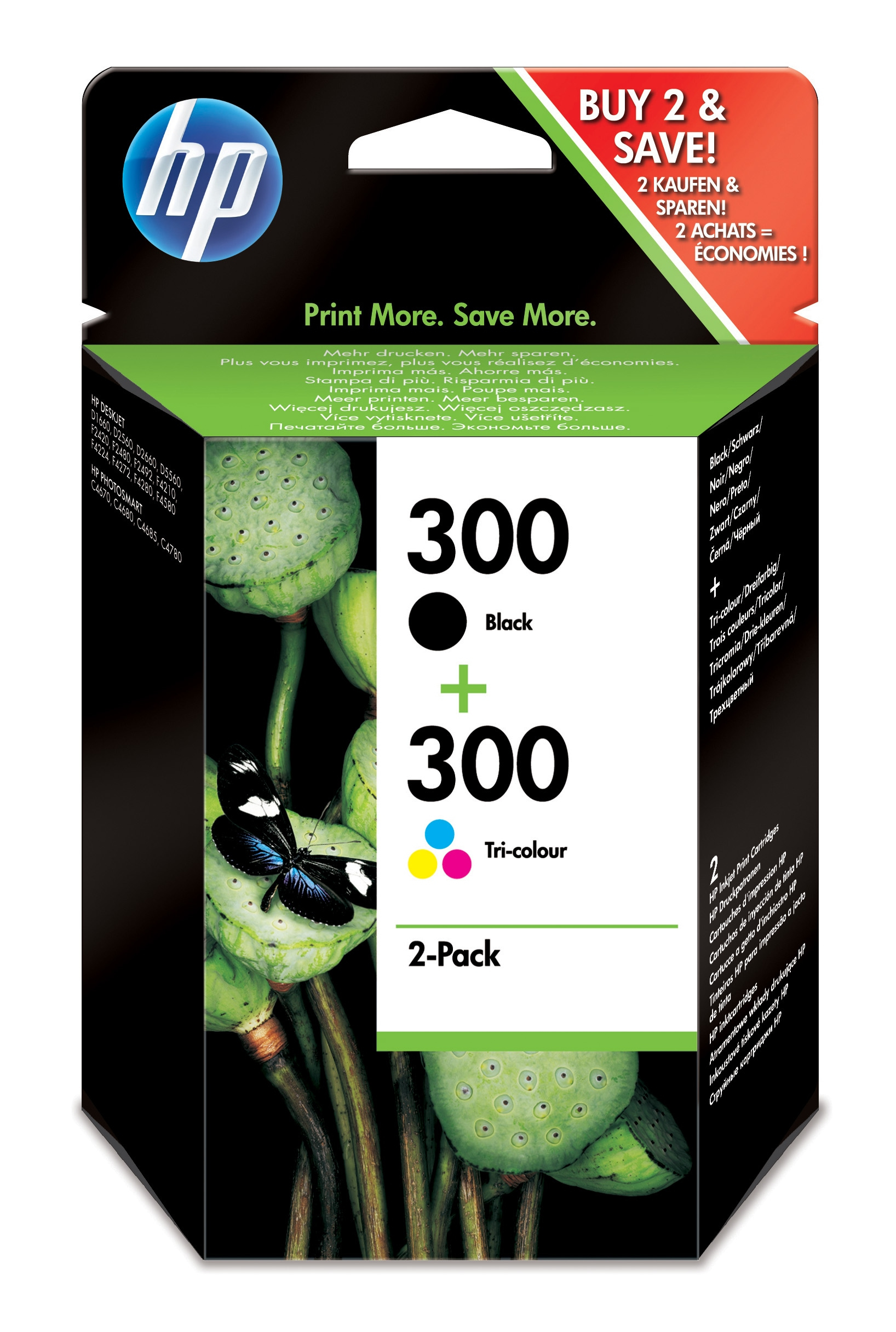 HP 300 schwarze und dreifarbige Tintenpatronen, im 2er-Pack. Die Box zeigt ein Blumenbild.